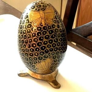 Vintage Kashmir lacquered hand-painted wooden egg gold butterfly stand Easter